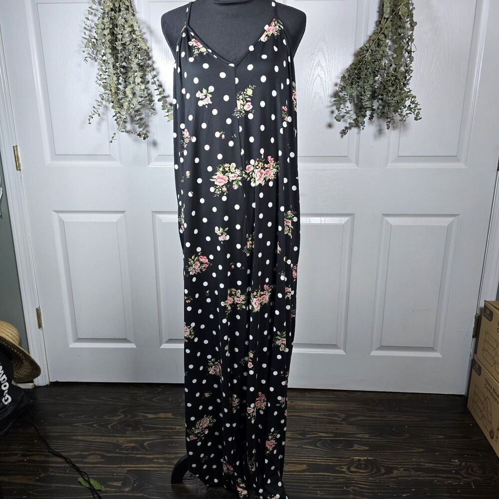 NWT Ninexis Women’s Size 3X Black With Pink Flowers Wide Leg Jumpsuit Pockets